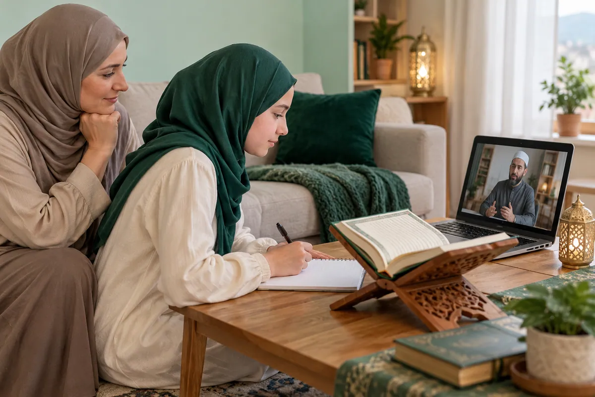 A parent sitting nearby while a teenage girl follows an online Tajweed lesson in a calm home study with Quran learning materials