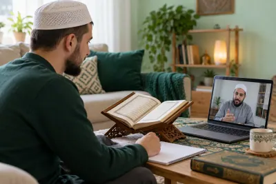 An adult Muslim man revising a short Quran passage during a calm one-to-one video lesson in a calm home study with Quran learning materials