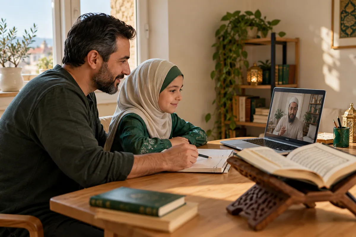 A father and daughter calmly reviewing their online Quran lesson at a small study table in a calm home study with Quran learning materials