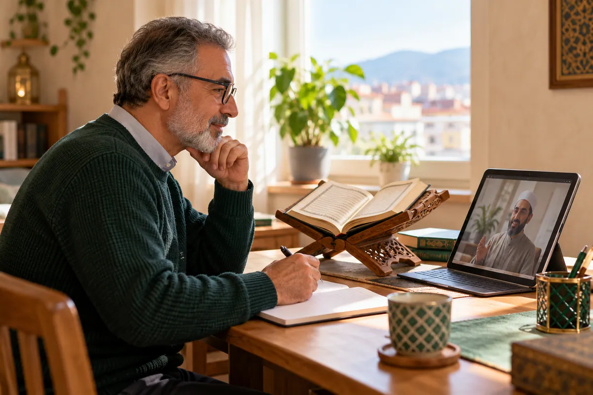 An older adult learner in glasses studying a Quran reading lesson on a large tablet in a calm home study with Quran learning materials