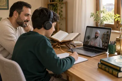 A teenage boy wearing headphones, with a parent nearby, following a teacher on a laptop in a calm home study with Quran learning materials