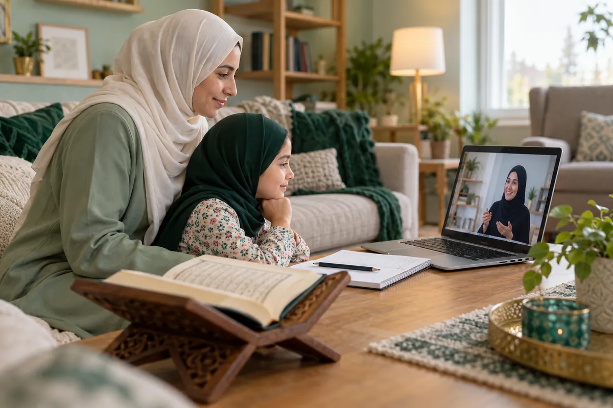 A mother in an ivory hijab and her young daughter, both attentive to a female teacher on a laptop in a calm home study with Quran learning materials