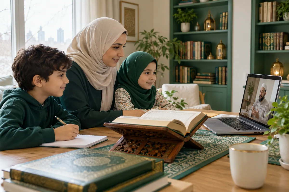 A mother and two school-age siblings sharing a short Quran practice routine before separate online lessons in a calm home study with Quran learning materials
