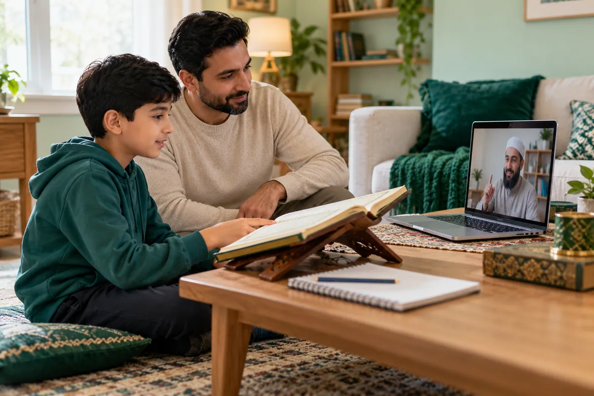 A father in modest casual clothes helping his 10-year-old son practise Quran reading with an online tutor in a calm home study with Quran learning materials