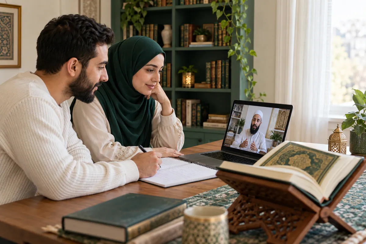 A Muslim couple comparing a practice notebook with an online teacher during a family learning conversation in a calm home study with Quran learning materials