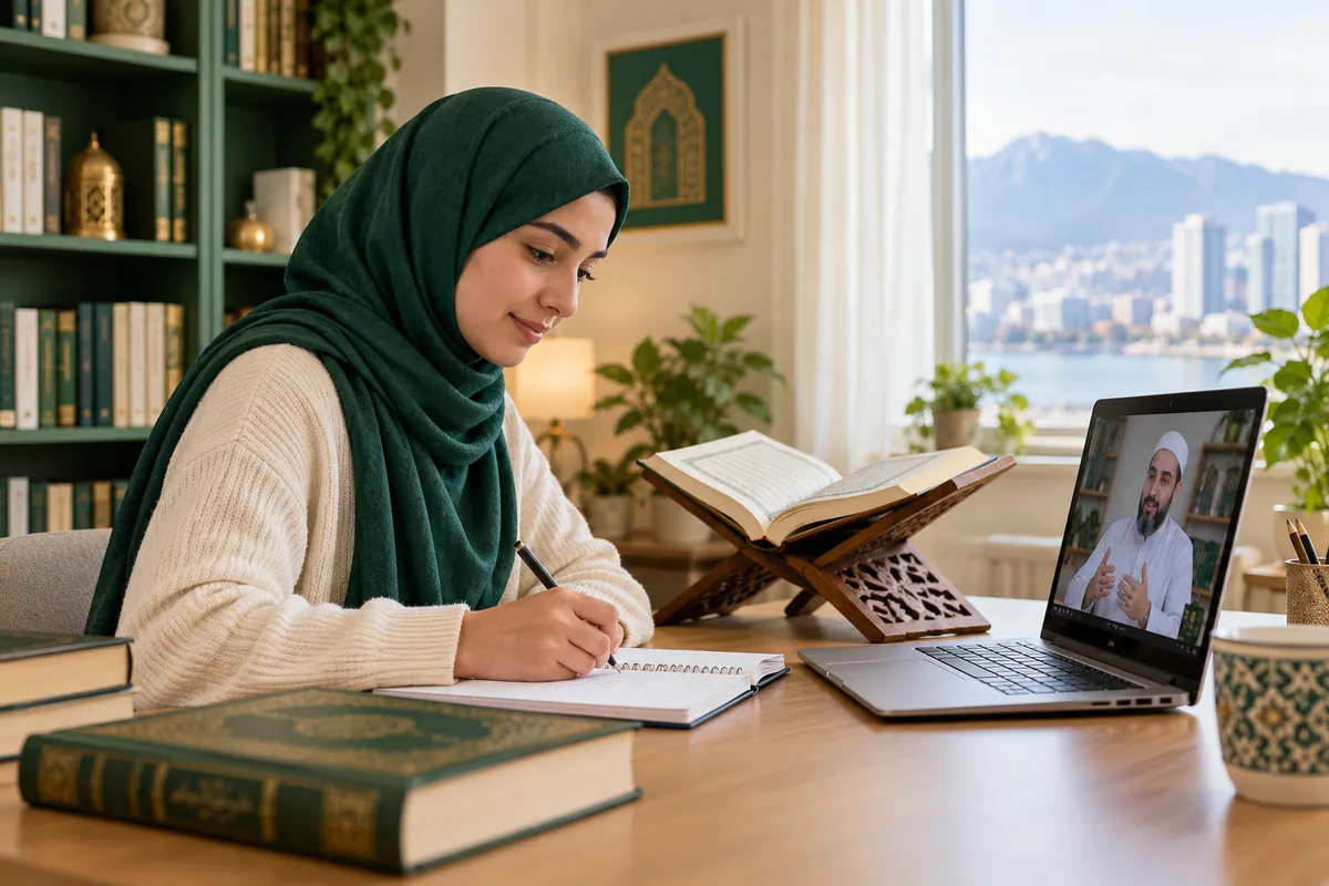 A young adult learner in modest clothes taking Arabic vocabulary notes beside a laptop in a calm home study with Quran learning materials