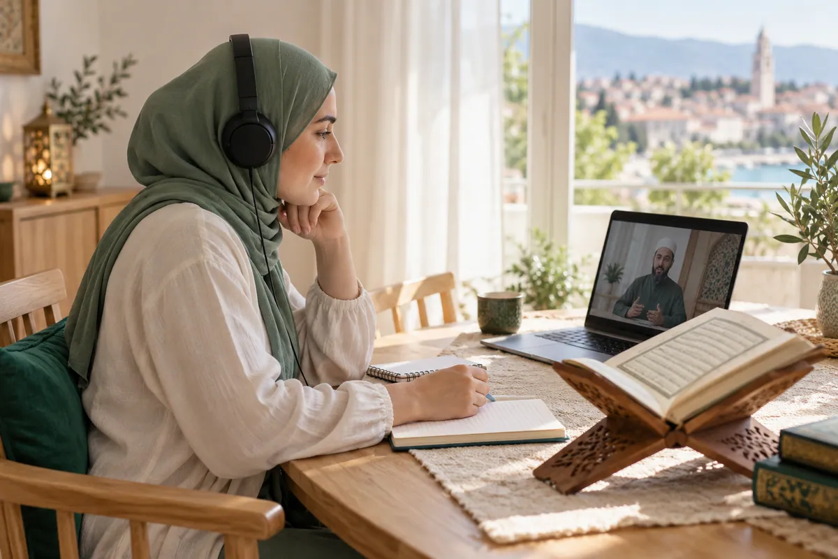 An adult woman in a sage hijab listening carefully to a Quran recitation lesson through headphones in a calm home study with Quran learning materials