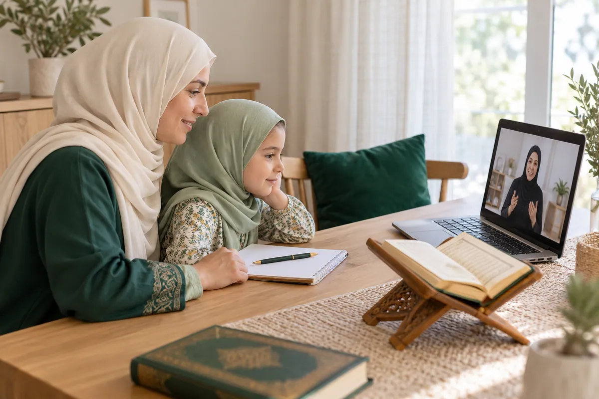 A mother in an ivory hijab and her young daughter, both attentive to a female teacher on a laptop in a calm home study with Quran learning materials