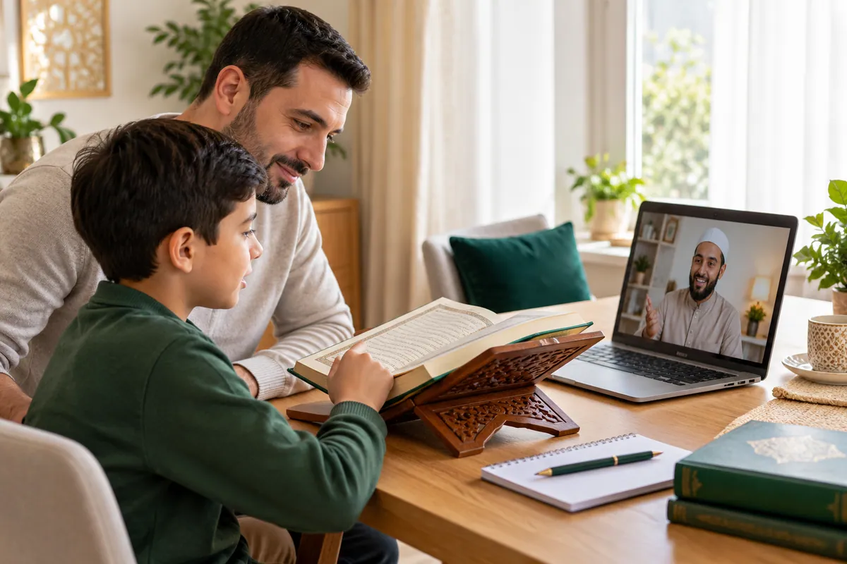 A father in modest casual clothes helping his 10-year-old son practise Quran reading with an online tutor in a calm home study with Quran learning materials