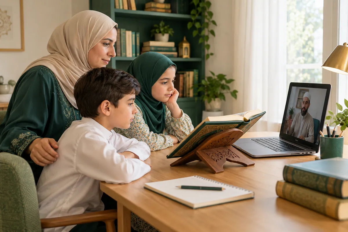 A mother and two school-age siblings sharing a short Quran practice routine before separate online lessons in a calm home study with Quran learning materials