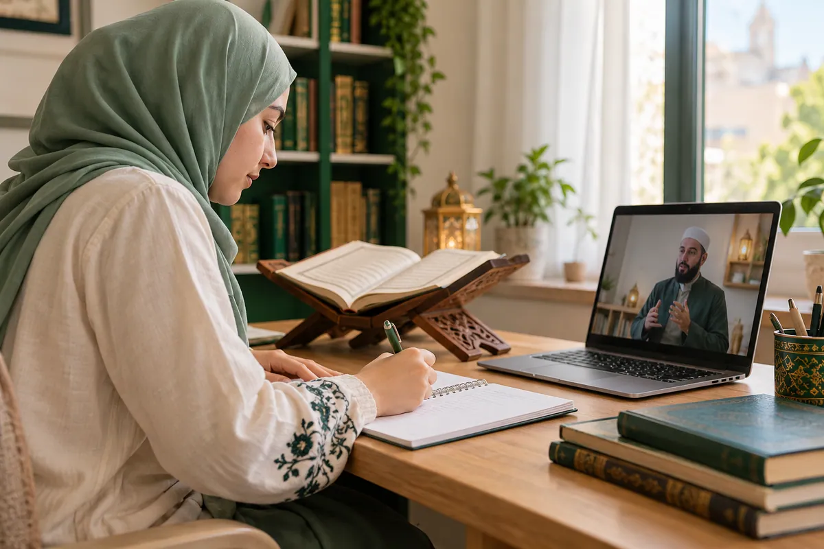 A young adult learner in modest clothes taking Arabic vocabulary notes beside a laptop in a calm home study with Quran learning materials