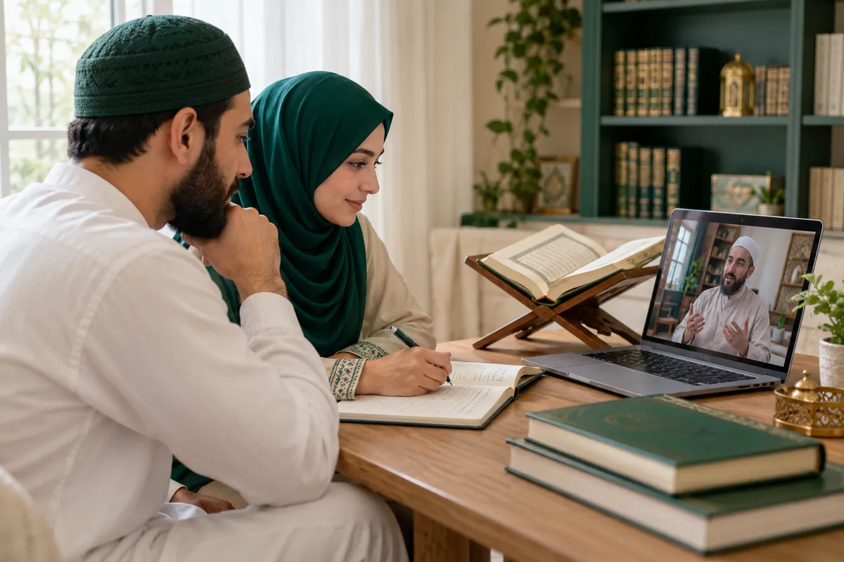 A Muslim couple comparing a practice notebook with an online teacher during a family learning conversation in a calm home study with Quran learning materials