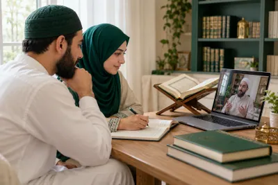 A Muslim couple comparing a practice notebook with an online teacher during a family learning conversation in a calm home study with Quran learning materials
