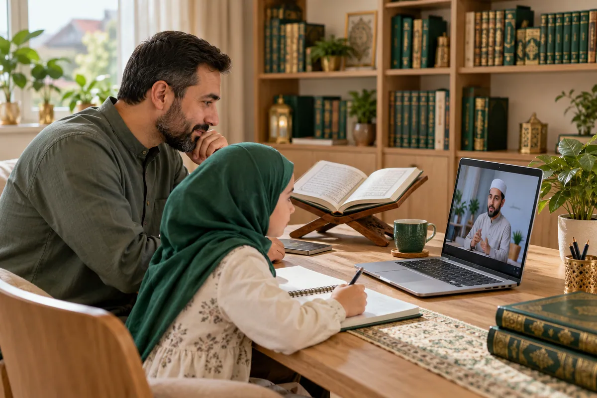 A father and daughter calmly reviewing their online Quran lesson at a small study table in a calm home study with Quran learning materials
