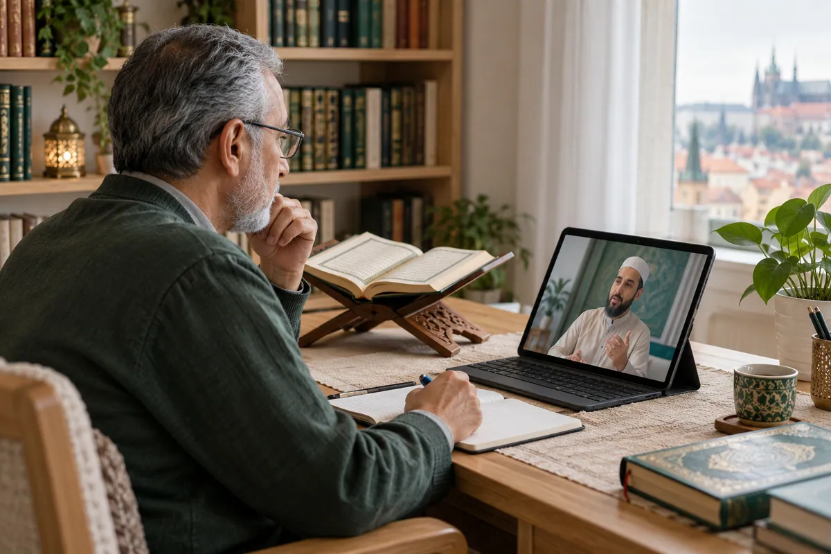 An older adult learner in glasses studying a Quran reading lesson on a large tablet in a calm home study with Quran learning materials