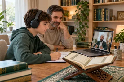 A teenage boy wearing headphones, with a parent nearby, following a teacher on a laptop in a calm home study with Quran learning materials