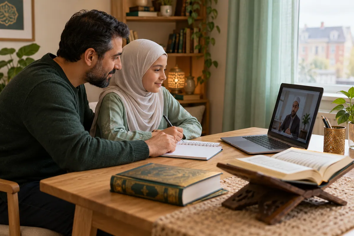 A father and daughter calmly reviewing their online Quran lesson at a small study table in a calm home study with Quran learning materials
