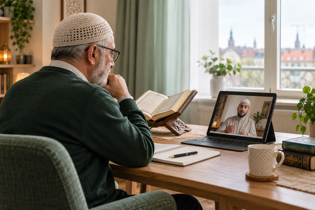 An older adult learner in glasses studying a Quran reading lesson on a large tablet in a calm home study with Quran learning materials