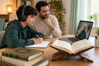 A teenage boy wearing headphones, with a parent nearby, following a teacher on a laptop in a calm home study with Quran learning materials