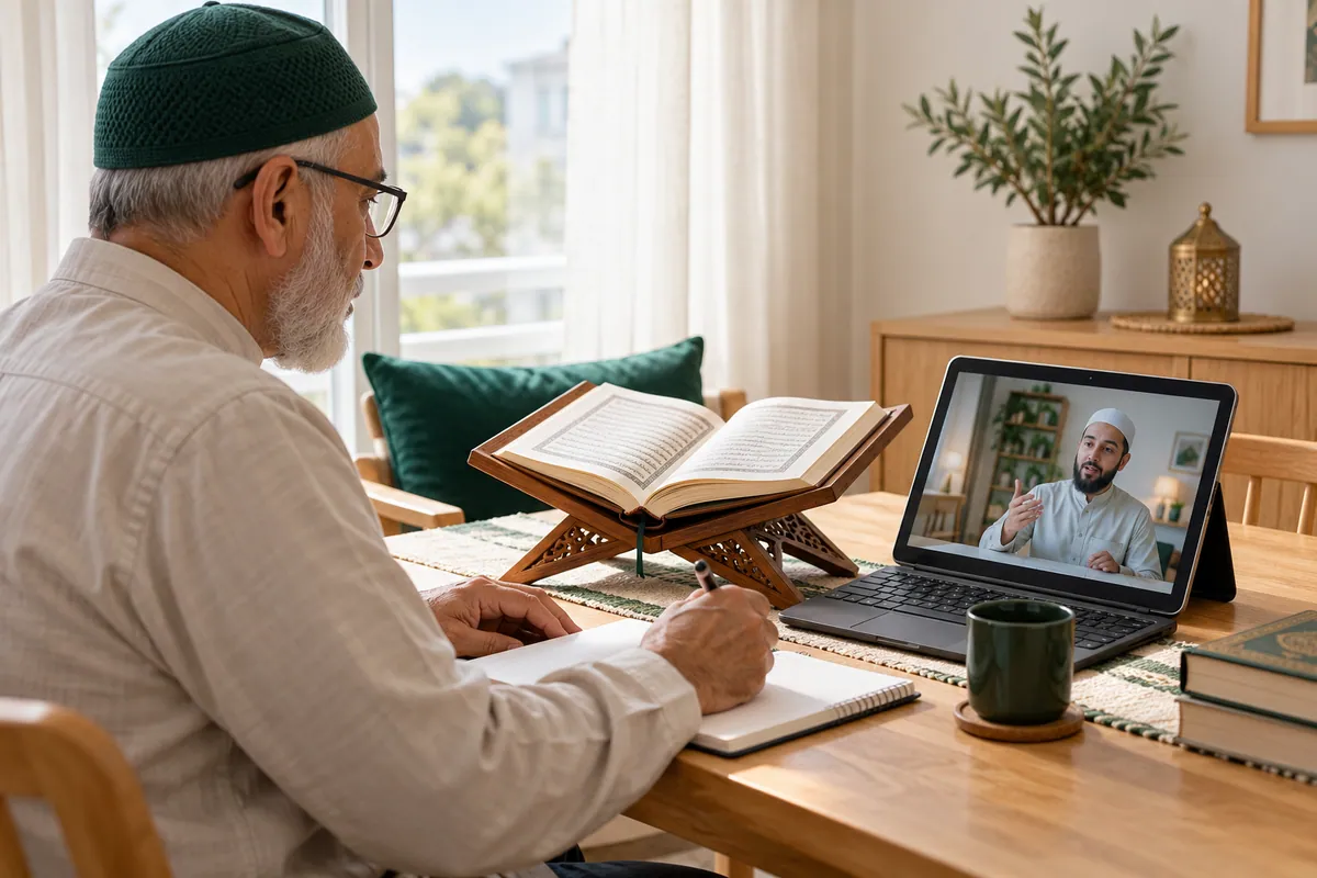 An older adult learner in glasses studying a Quran reading lesson on a large tablet in a calm home study with Quran learning materials