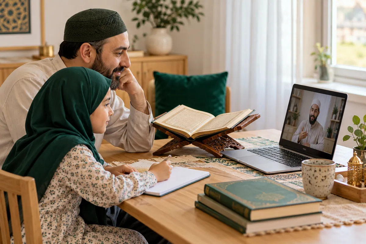 A father and daughter calmly reviewing their online Quran lesson at a small study table in a calm home study with Quran learning materials
