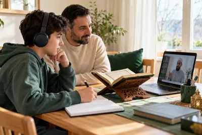 A teenage boy wearing headphones, with a parent nearby, following a teacher on a laptop in a calm home study with Quran learning materials