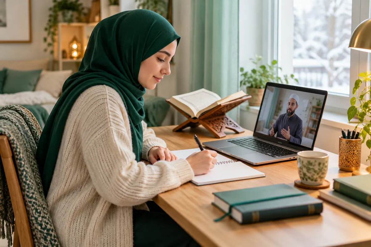 A young adult learner in modest clothes taking Arabic vocabulary notes beside a laptop in a calm home study with Quran learning materials