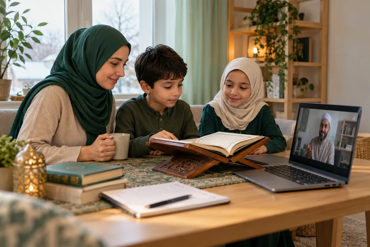 A mother and two school-age siblings sharing a short Quran practice routine before separate online lessons in a calm home study with Quran learning materials