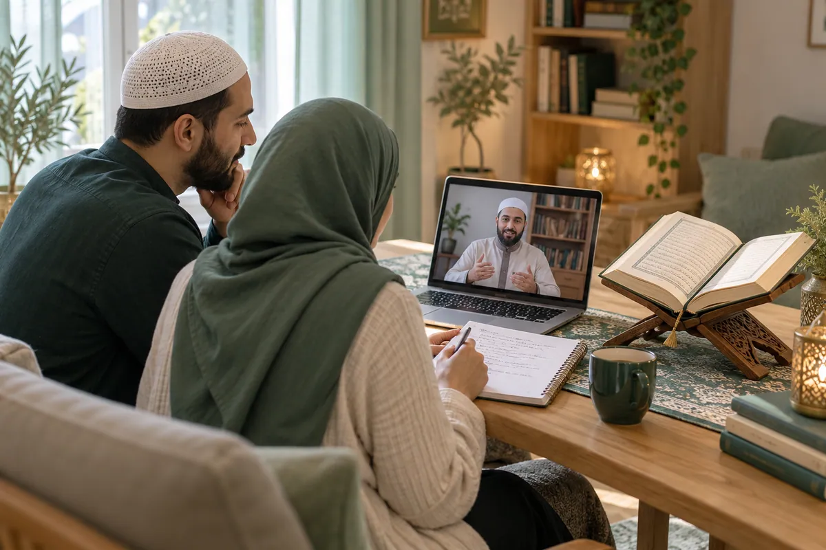 A Muslim couple comparing a practice notebook with an online teacher during a family learning conversation in a calm home study with Quran learning materials