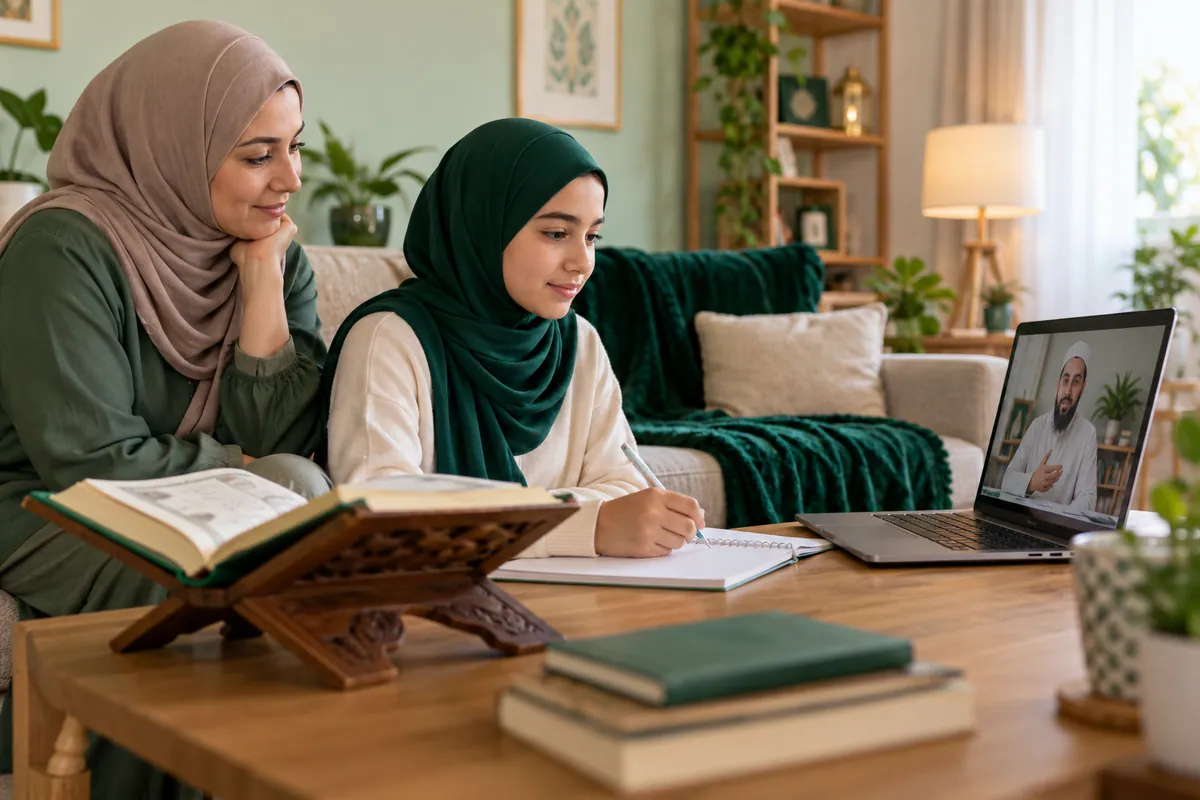 A parent sitting nearby while a teenage girl follows an online Tajweed lesson in a calm home study with Quran learning materials