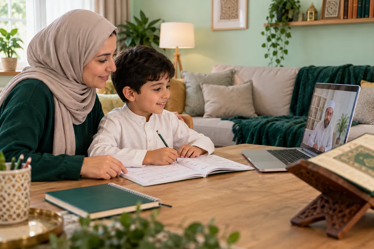 A mother and her 8-year-old son preparing an Arabic beginner workbook for a live Quran lesson in a calm home study with Quran learning materials