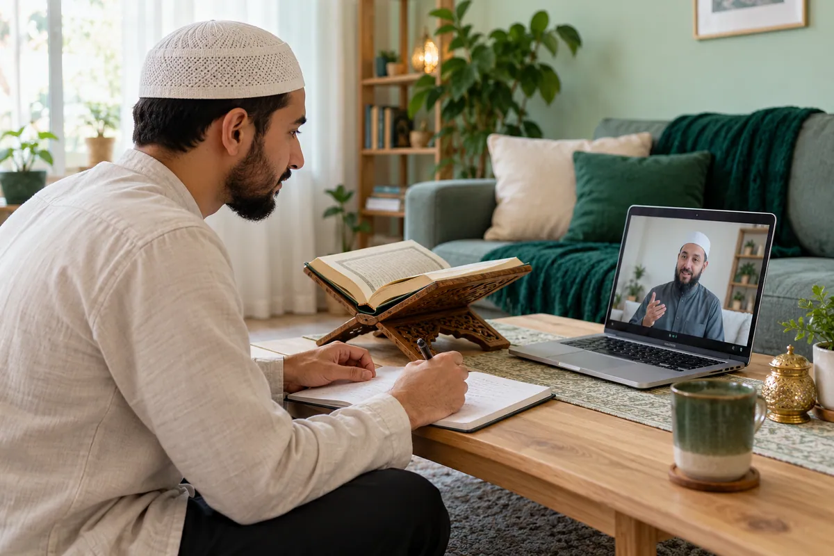 An adult Muslim man revising a short Quran passage during a calm one-to-one video lesson in a calm home study with Quran learning materials