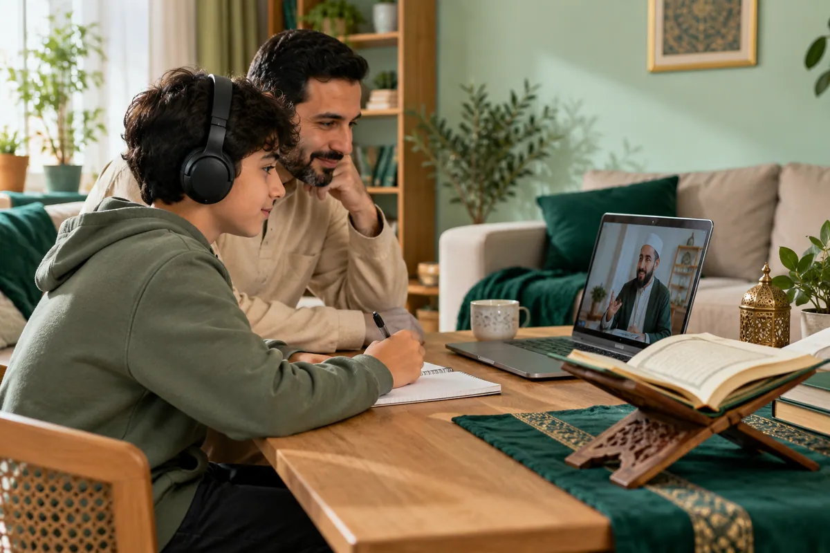 A teenage boy wearing headphones, with a parent nearby, following a teacher on a laptop in a calm home study with Quran learning materials