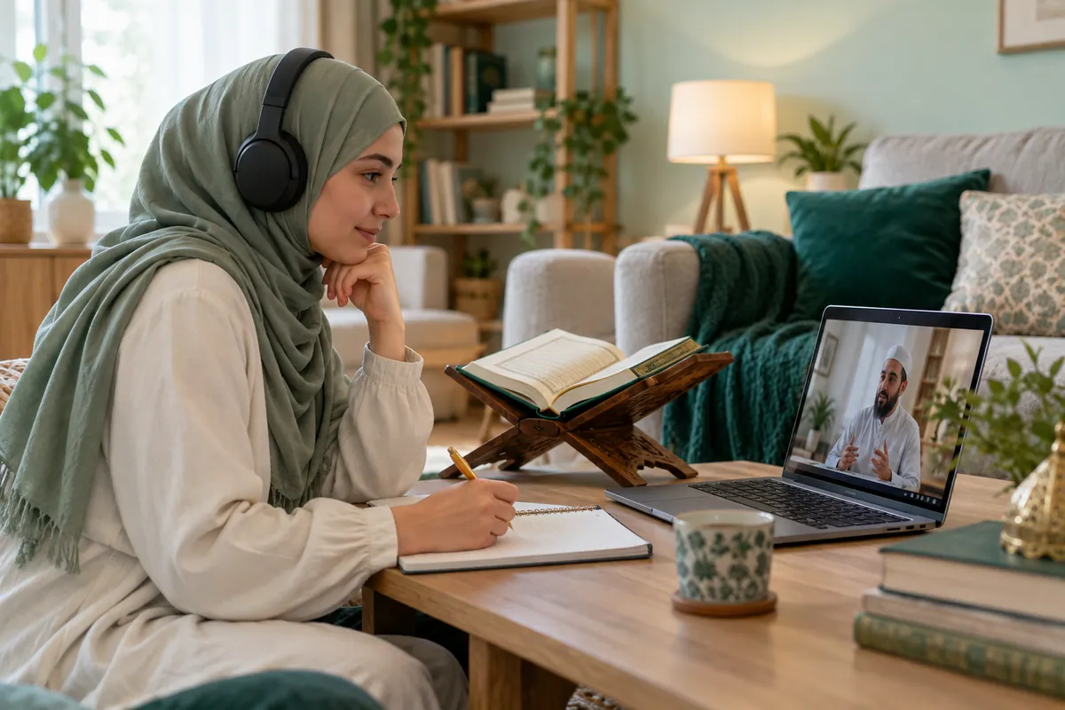 An adult woman in a sage hijab listening carefully to a Quran recitation lesson through headphones in a calm home study with Quran learning materials