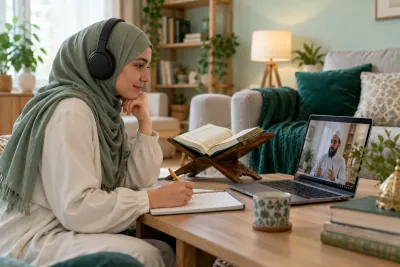 An adult woman in a sage hijab listening carefully to a Quran recitation lesson through headphones in a calm home study with Quran learning materials