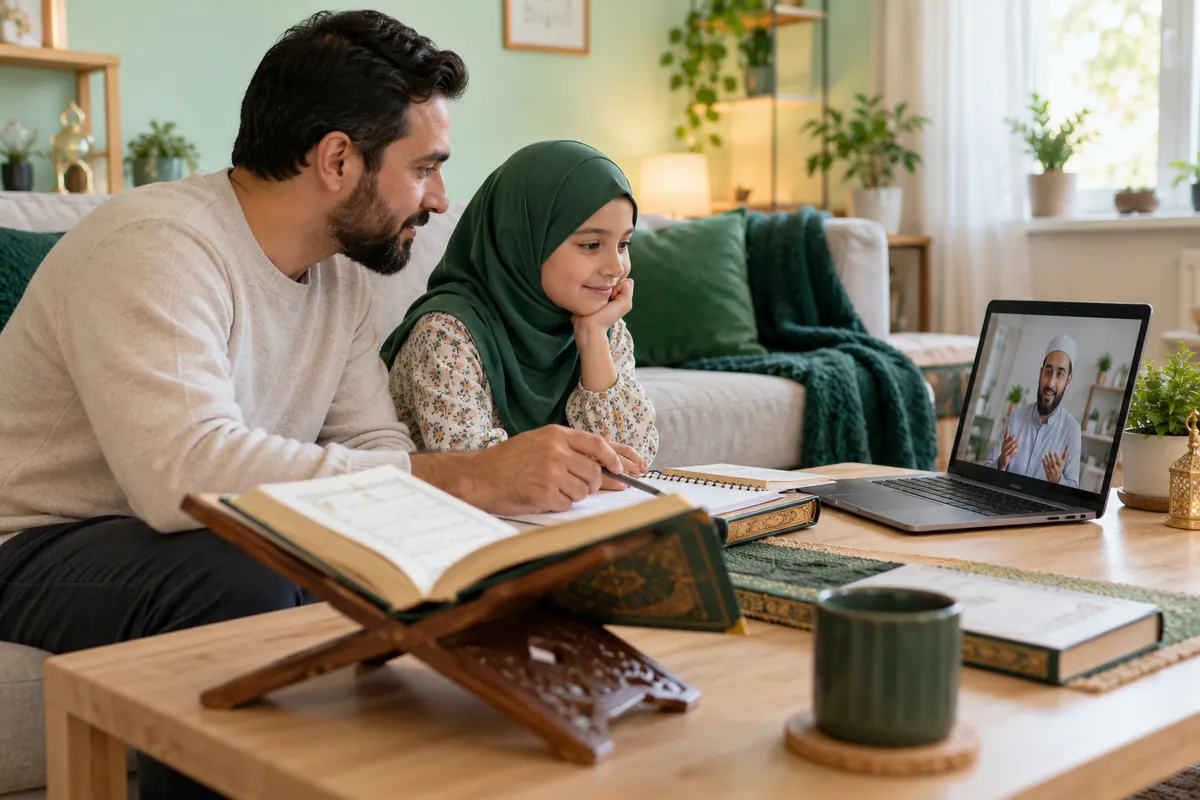 A father and daughter calmly reviewing their online Quran lesson at a small study table in a calm home study with Quran learning materials