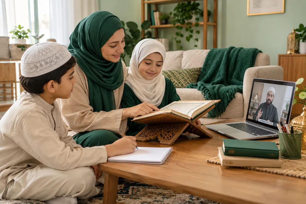 A mother and two school-age siblings sharing a short Quran practice routine before separate online lessons in a calm home study with Quran learning materials