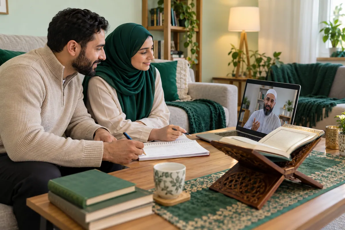 A Muslim couple comparing a practice notebook with an online teacher during a family learning conversation in a calm home study with Quran learning materials
