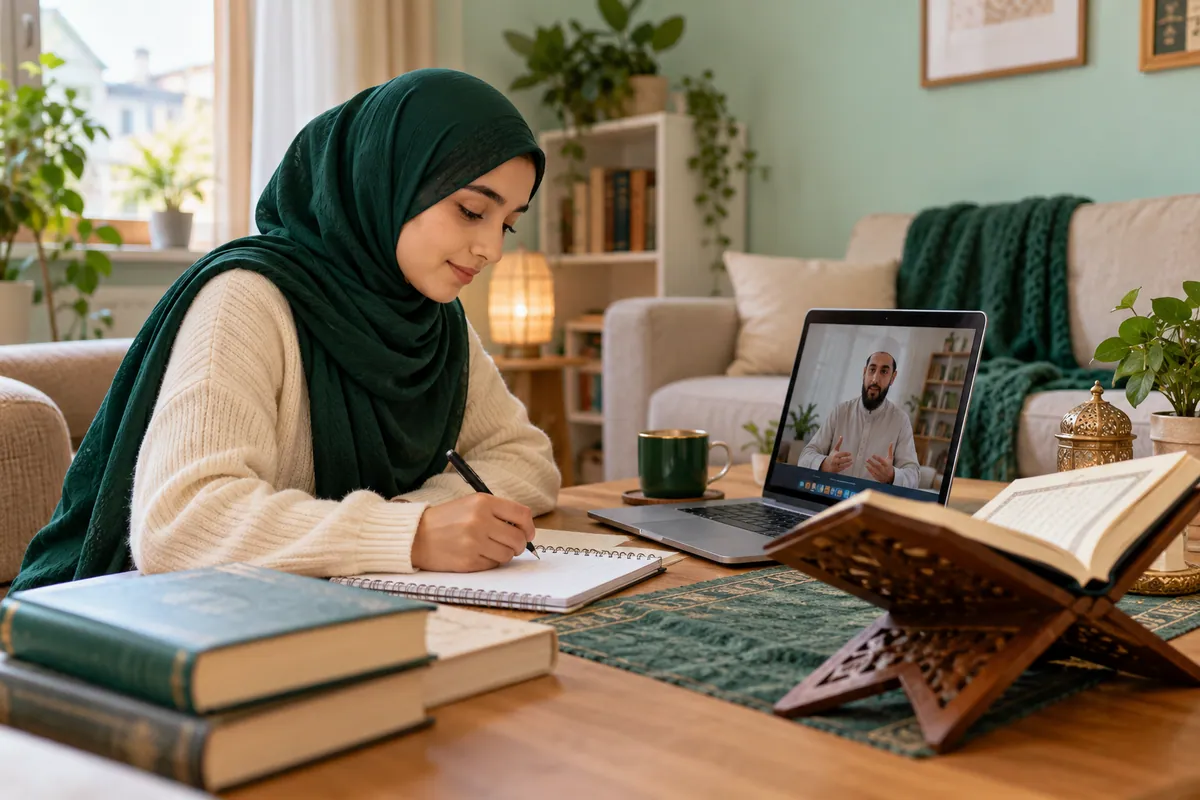 A young adult learner in modest clothes taking Arabic vocabulary notes beside a laptop in a calm home study with Quran learning materials