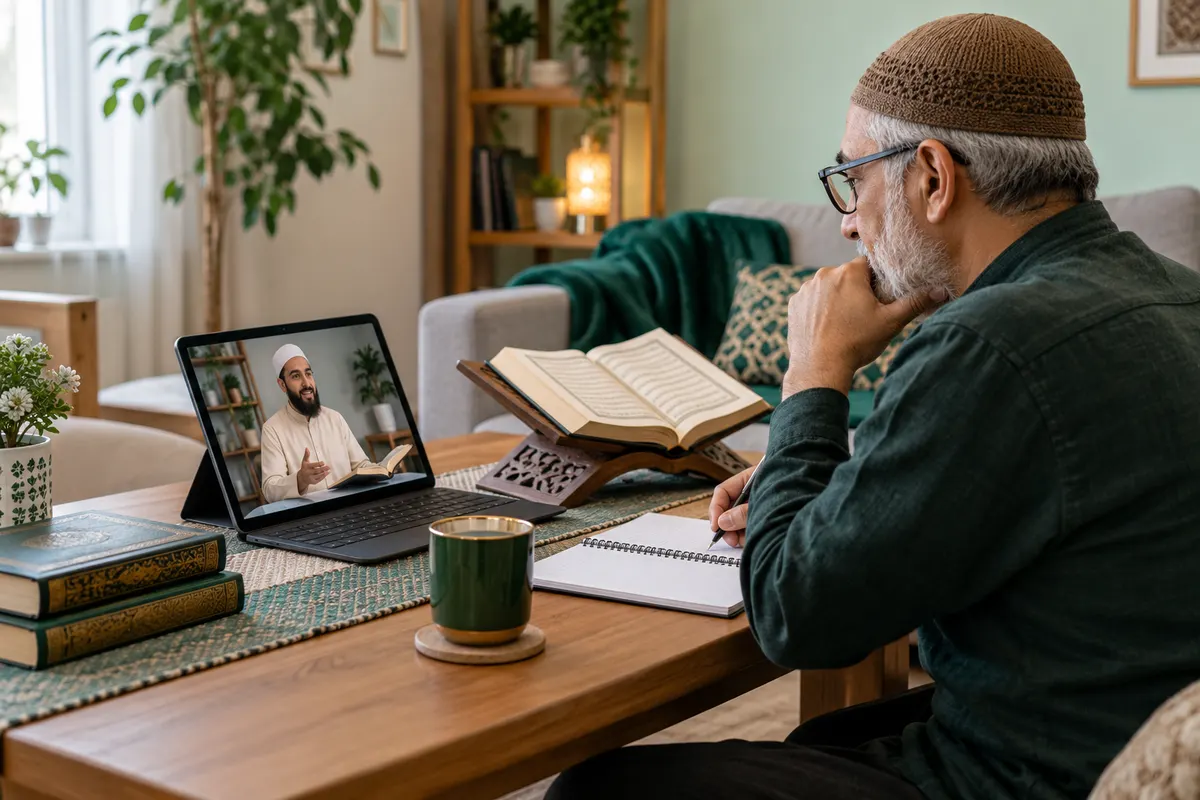 An older adult learner in glasses studying a Quran reading lesson on a large tablet in a calm home study with Quran learning materials