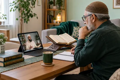 An older adult learner in glasses studying a Quran reading lesson on a large tablet in a calm home study with Quran learning materials
