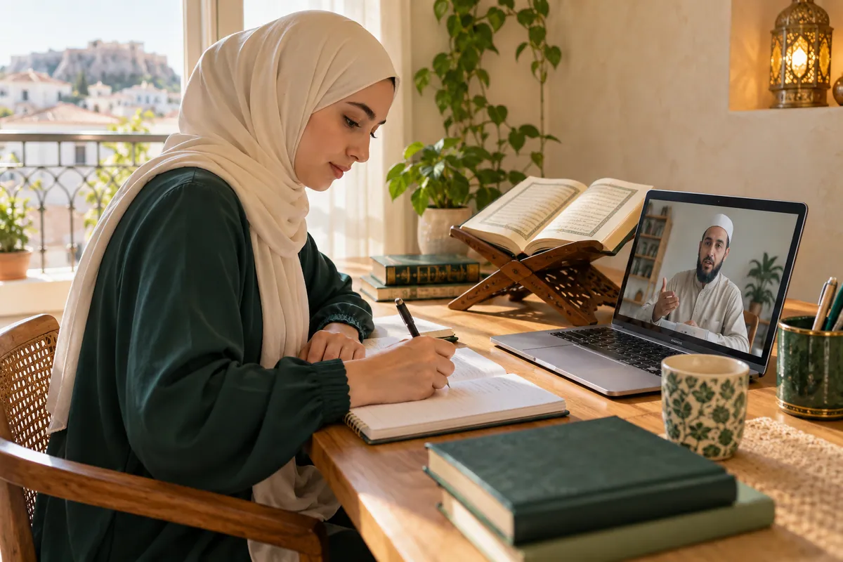 A young adult learner in modest clothes taking Arabic vocabulary notes beside a laptop in a calm home study with Quran learning materials