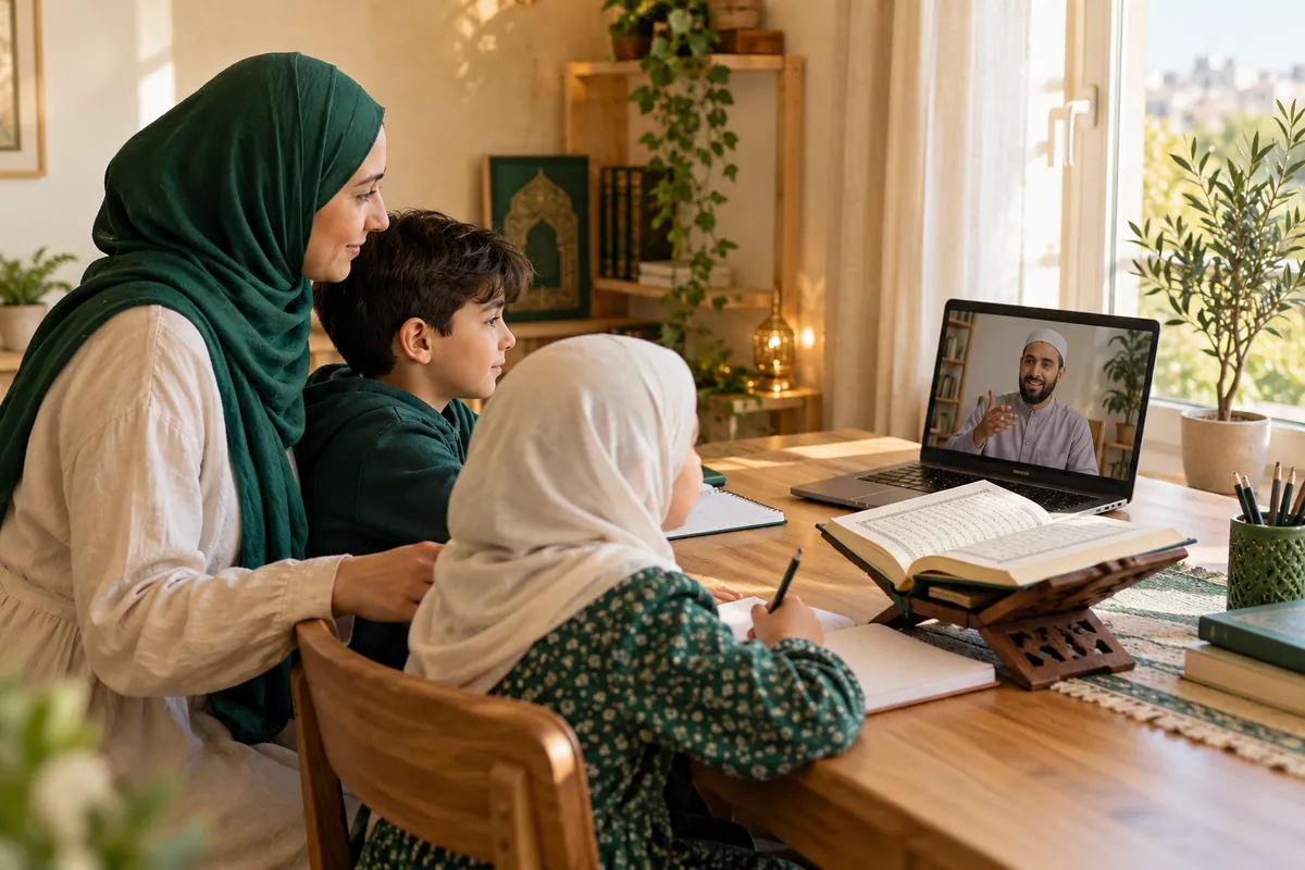 A mother and two school-age siblings sharing a short Quran practice routine before separate online lessons in a calm home study with Quran learning materials