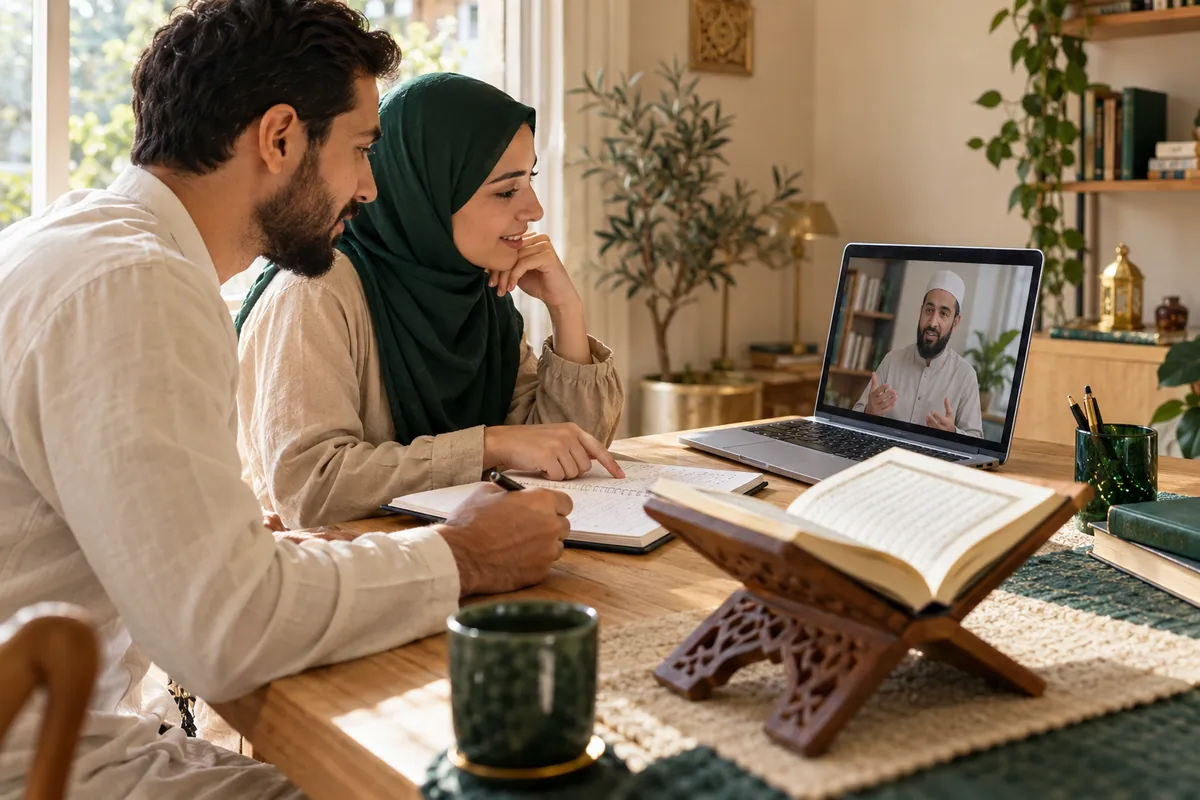 A Muslim couple comparing a practice notebook with an online teacher during a family learning conversation in a calm home study with Quran learning materials
