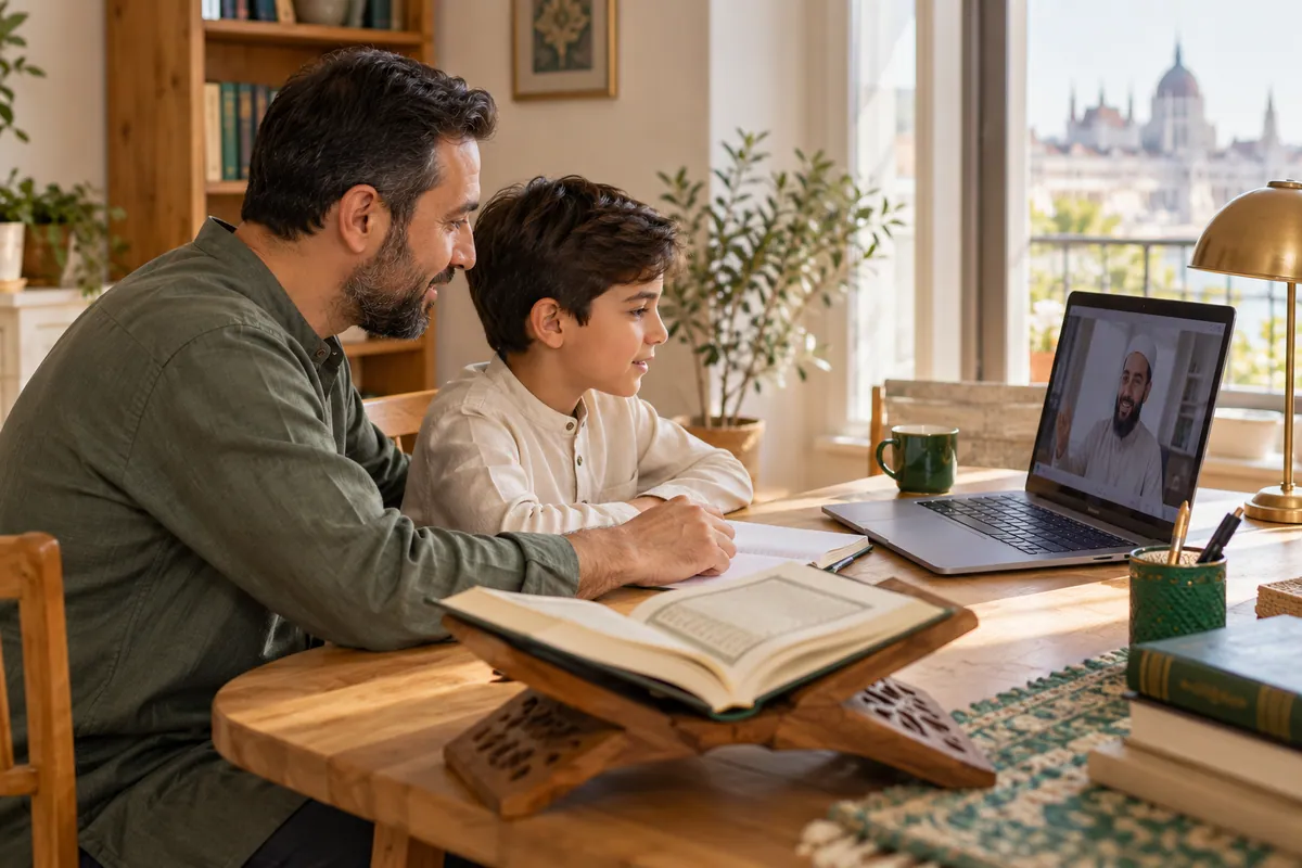 A father in modest casual clothes helping his 10-year-old son practise Quran reading with an online tutor in a calm home study with Quran learning materials