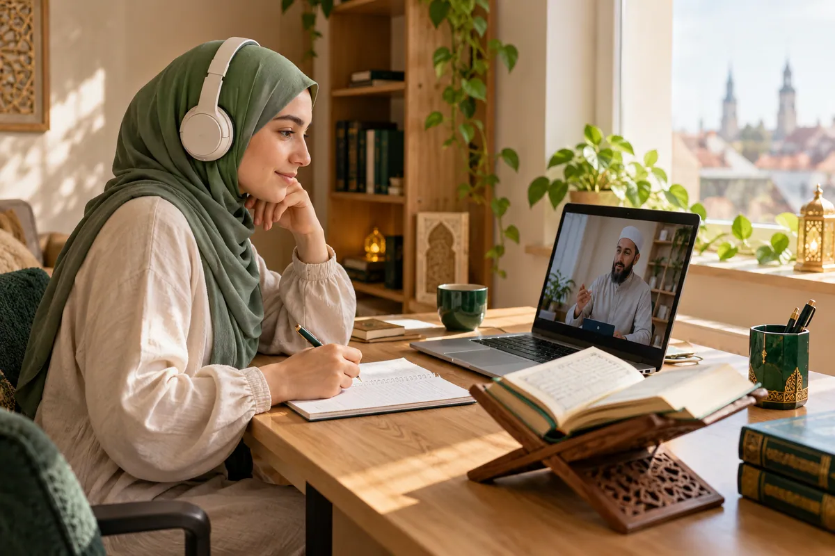 An adult woman in a sage hijab listening carefully to a Quran recitation lesson through headphones in a calm home study with Quran learning materials