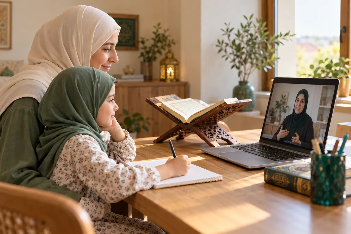 A mother in an ivory hijab and her young daughter, both attentive to a female teacher on a laptop in a calm home study with Quran learning materials