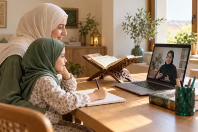 A mother in an ivory hijab and her young daughter, both attentive to a female teacher on a laptop in a calm home study with Quran learning materials
