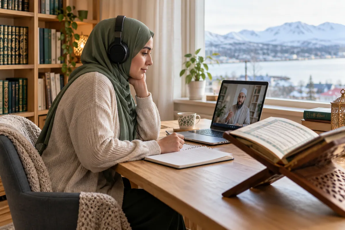 An adult woman in a sage hijab listening carefully to a Quran recitation lesson through headphones in a calm home study with Quran learning materials