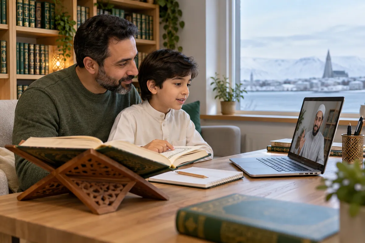 A father in modest casual clothes helping his 10-year-old son practise Quran reading with an online tutor in a calm home study with Quran learning materials